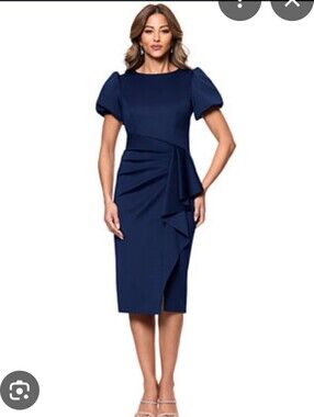 NWT Xscape Navy Puff Sleeve Draped Midi Cocktail Dress Size 12 $239